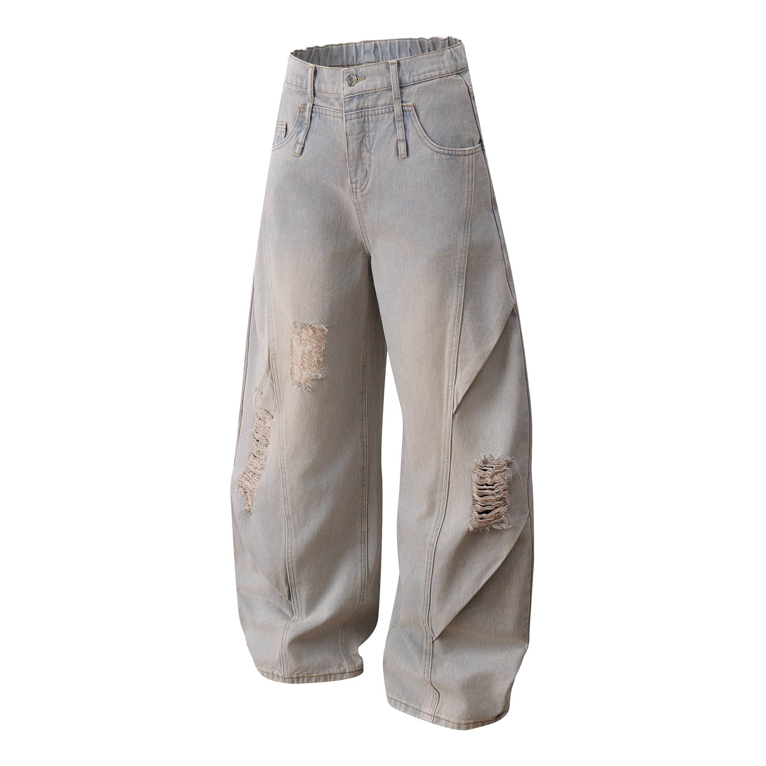 Distressed Curved Wide-Leg Jeans | Vintage Wash Streetwear