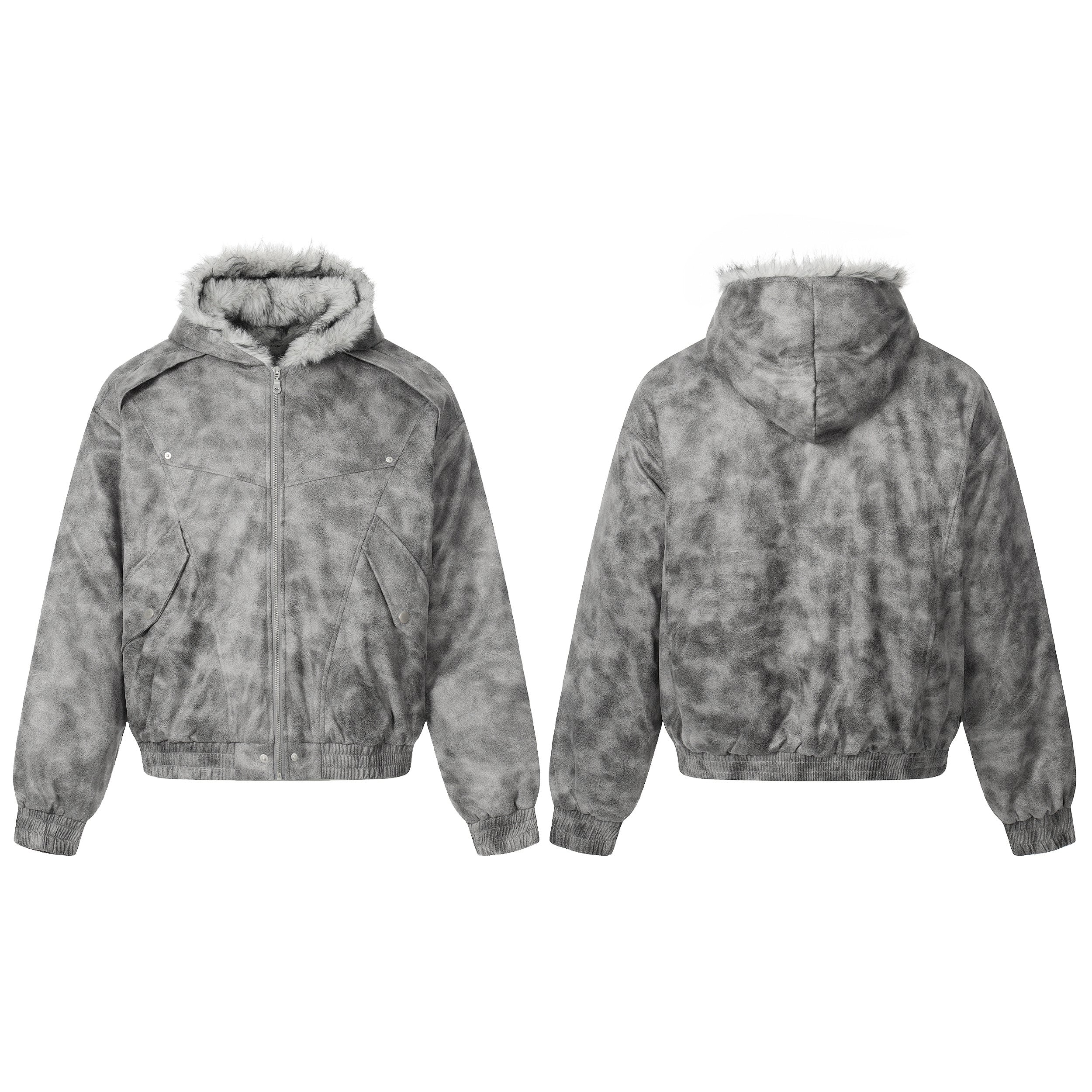 Grey washed faux-fur hooded bomber jacket shown from front and back on a white background