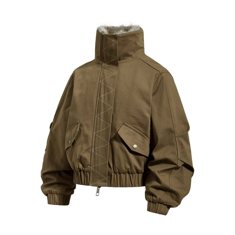 Fur-Lined Cropped Bomber Jacket | High-Neck Cotton Utility