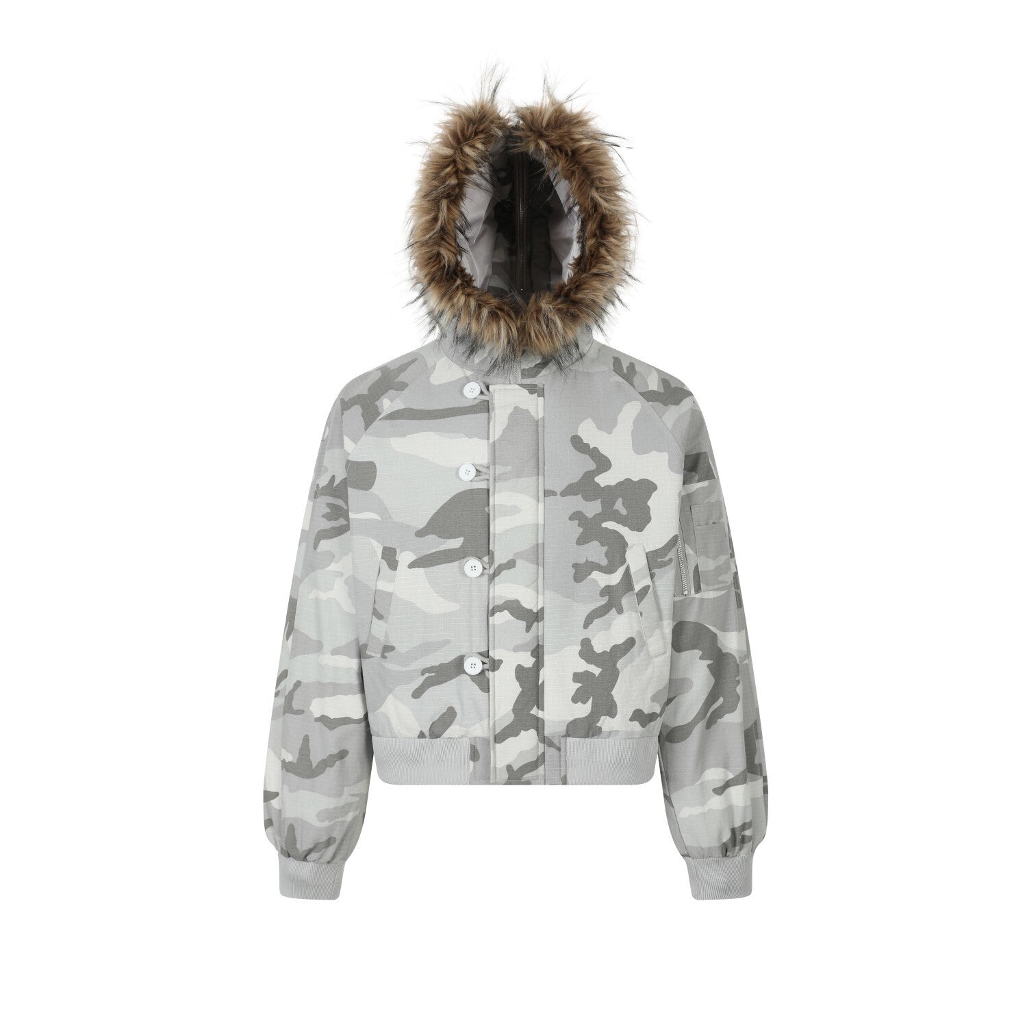 Camo Faux Fur Hood Cropped Bomber Jacket | Omirad