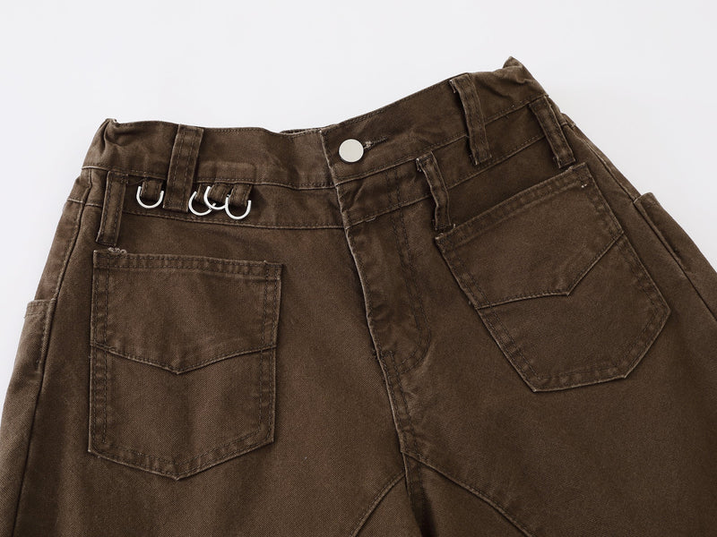 Wide-Leg Cotton Pants with Metal Ring Waist Detail