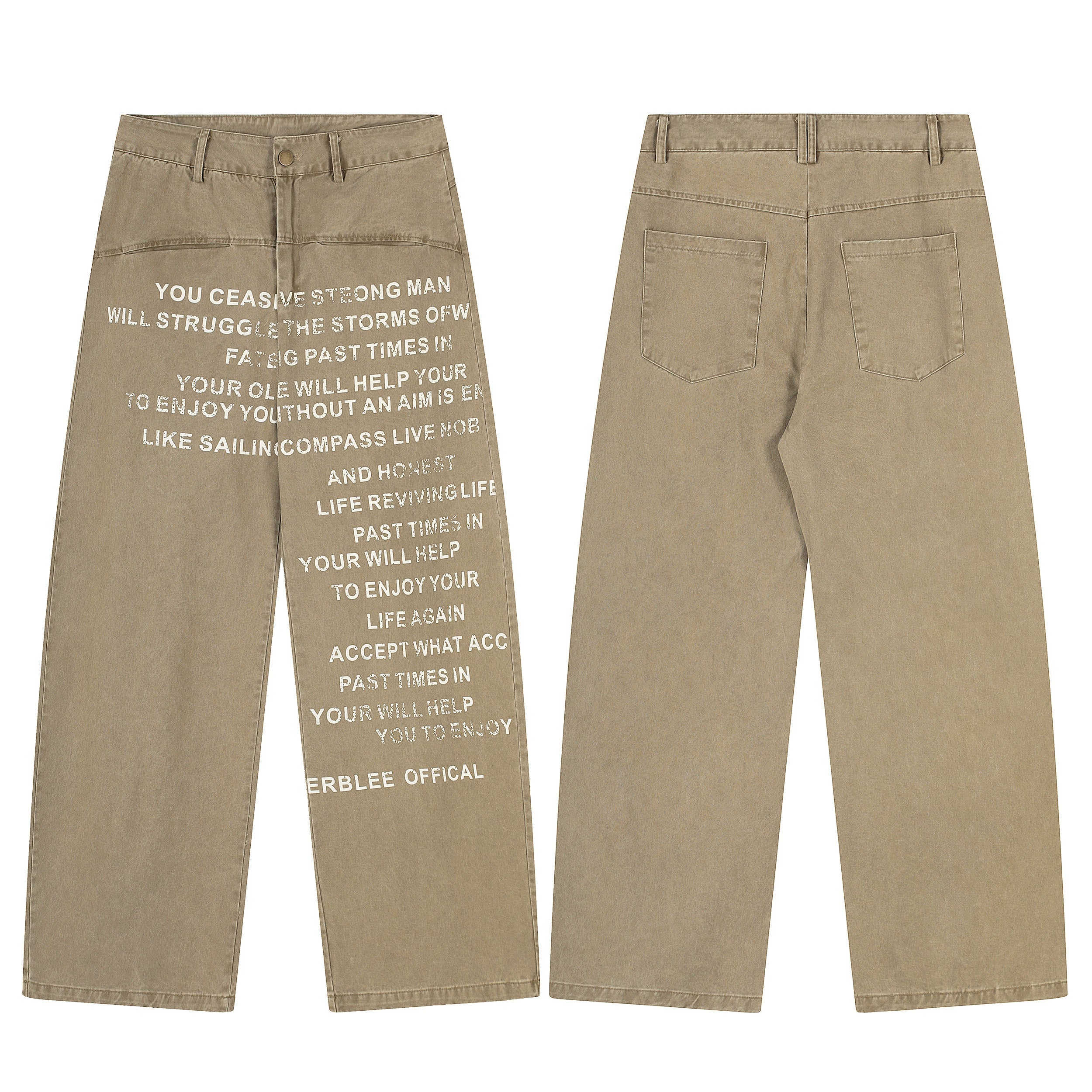 Front and back view of khaki wide-leg pants with white typographic text print and vintage wash finish