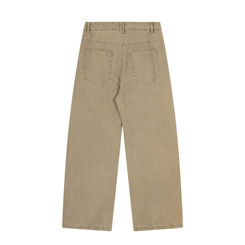 Back view of khaki wide-leg pants with two patch pockets and belt loops