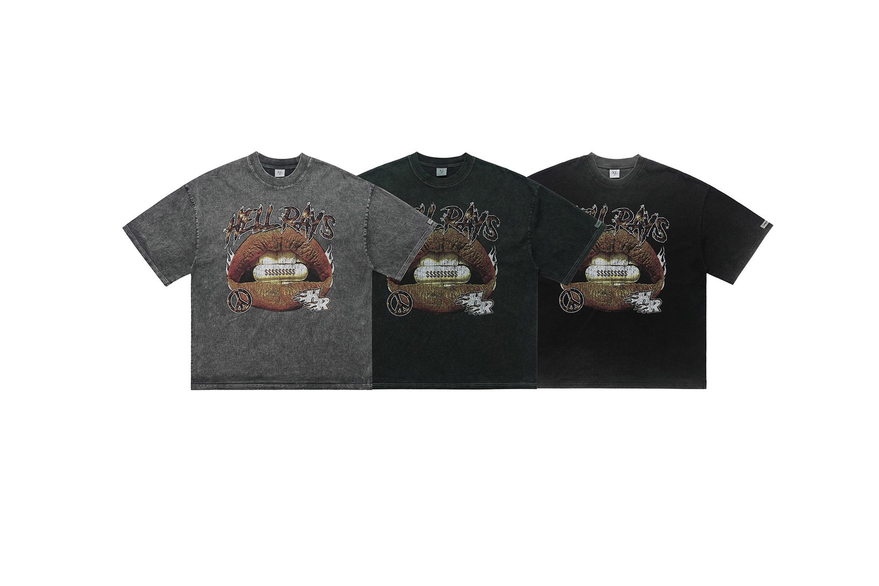 Omirad Hellrays acid-washed grey graphic tee with lips, gold dollar-sign grills, and flame print on white background
