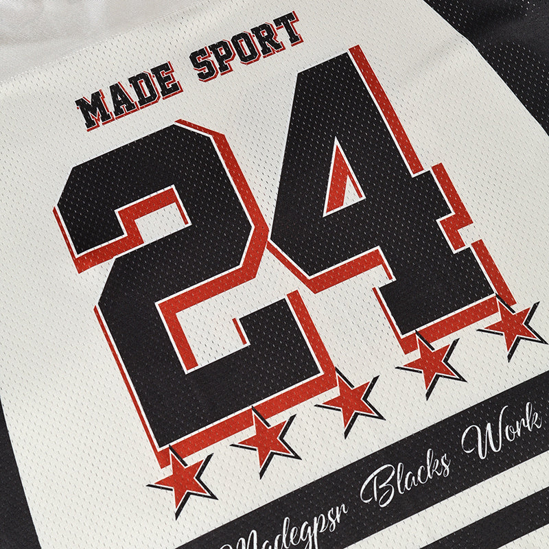 White football jersey graphic with bold black 24 and red stars, featuring Made Sport and Blacks Work text