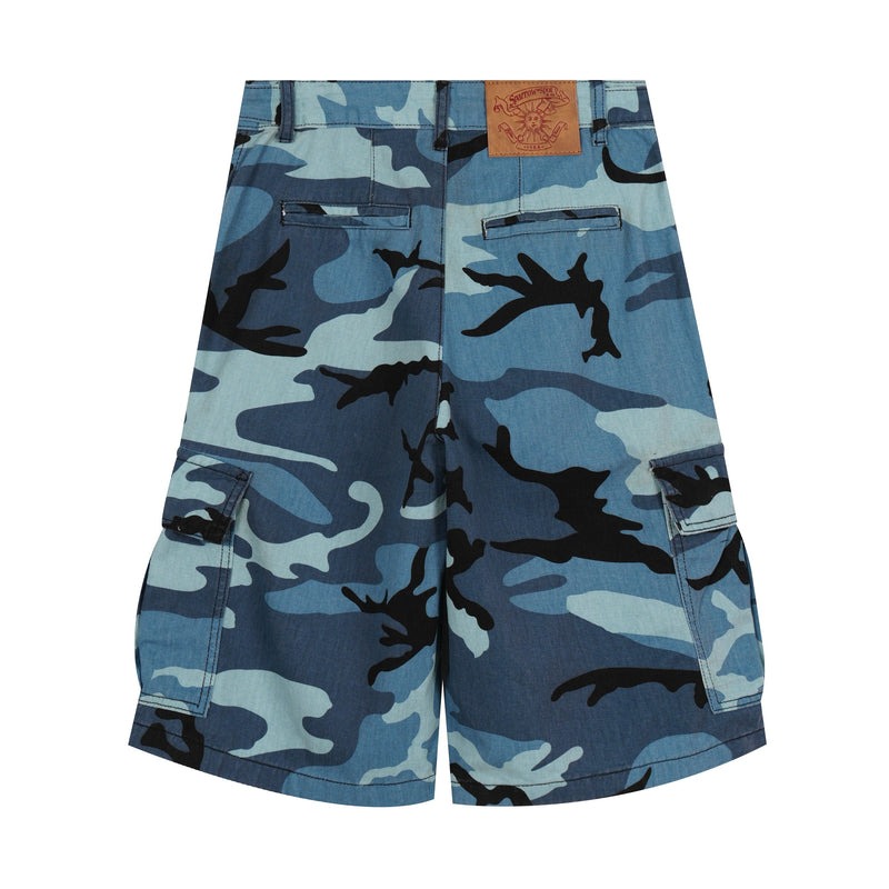 Back view of blue camo cargo shorts with leather waistband patch and cargo pockets