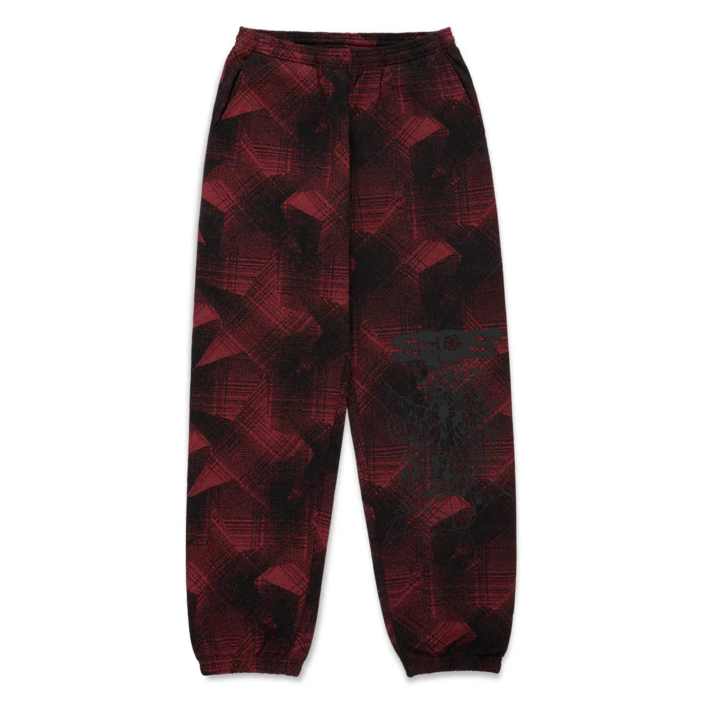 Sp5der Sweatpants – Unisex red and black cotton sweatpants with a patterned brushstroke design, elastic waistband and cuffs, plus a graphic detail on the upper thigh for bold streetwear style and comfort.