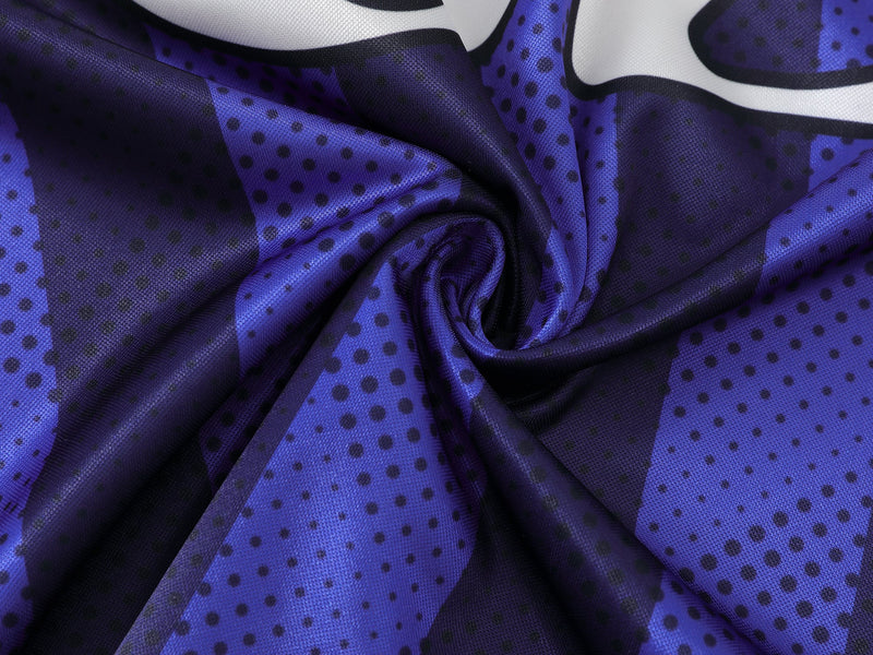 Close-up of blue striped jersey fabric gathered in folds with dot pattern