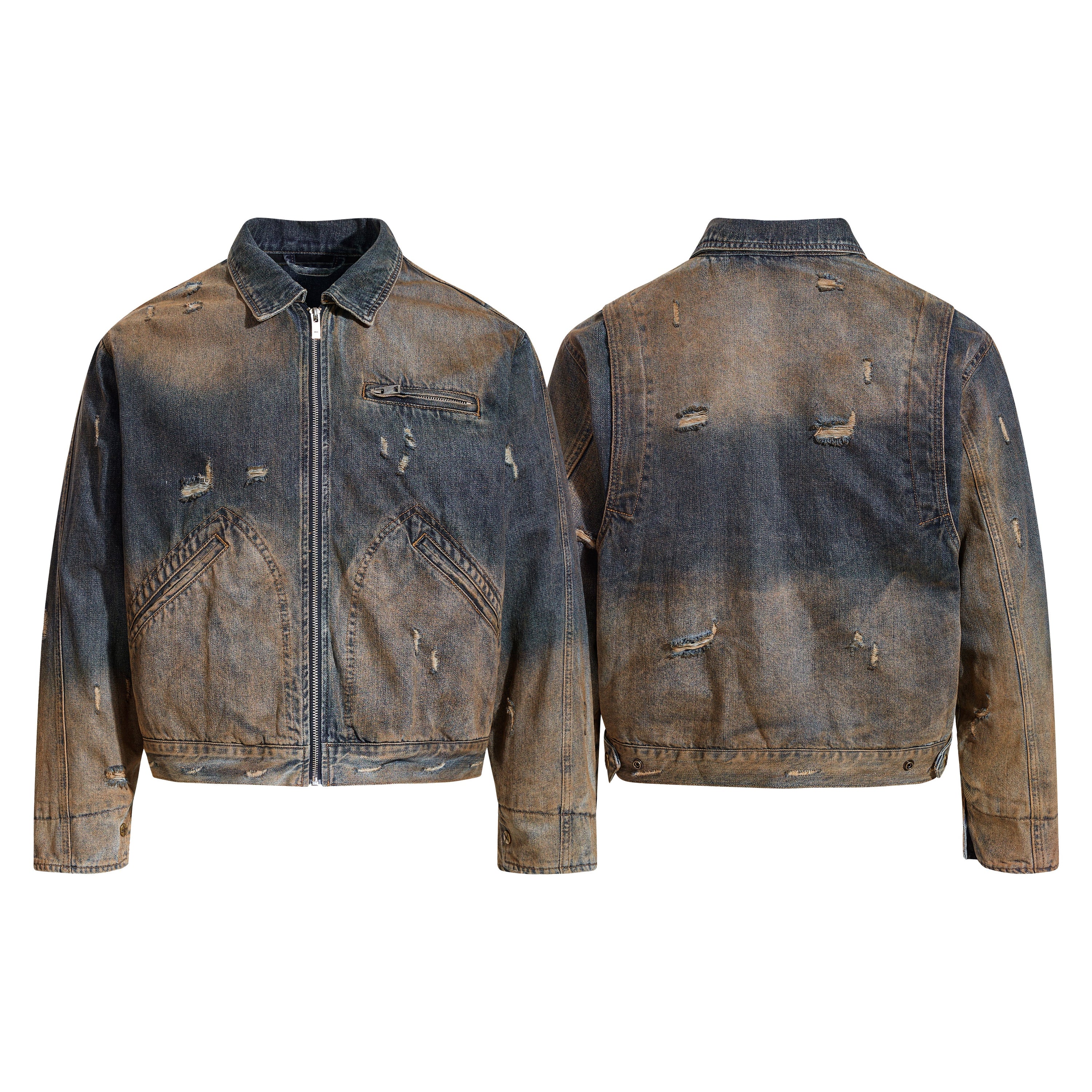 Front and back view of a heavily distressed vintage washed denim jacket with zip closure and cropped relaxed fit