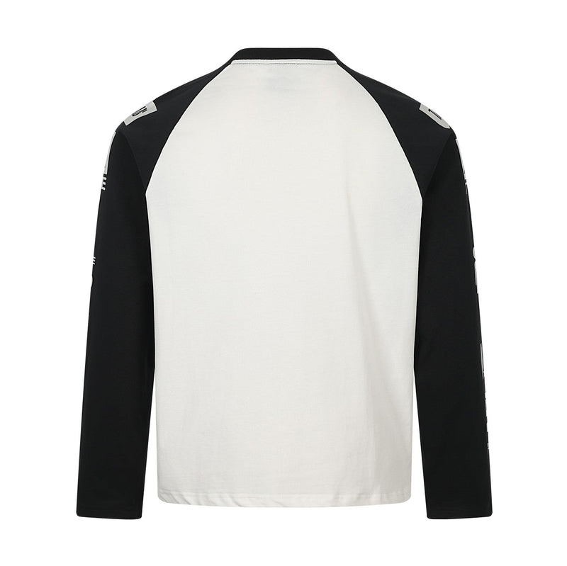 Back view of white raglan long sleeve tee with black sleeves