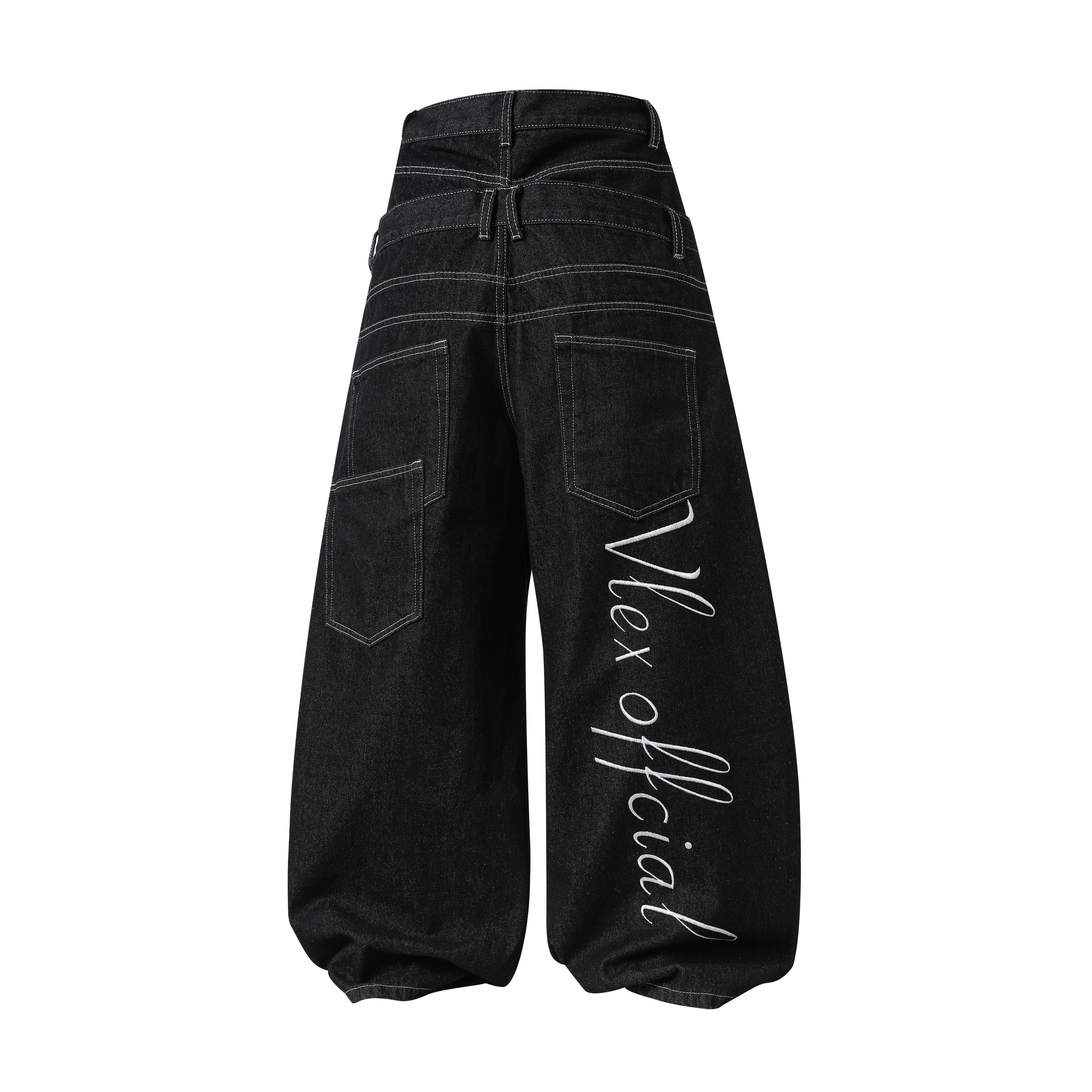 Omirad Double-Waist Wide-Leg Utility Denim Pants | Black