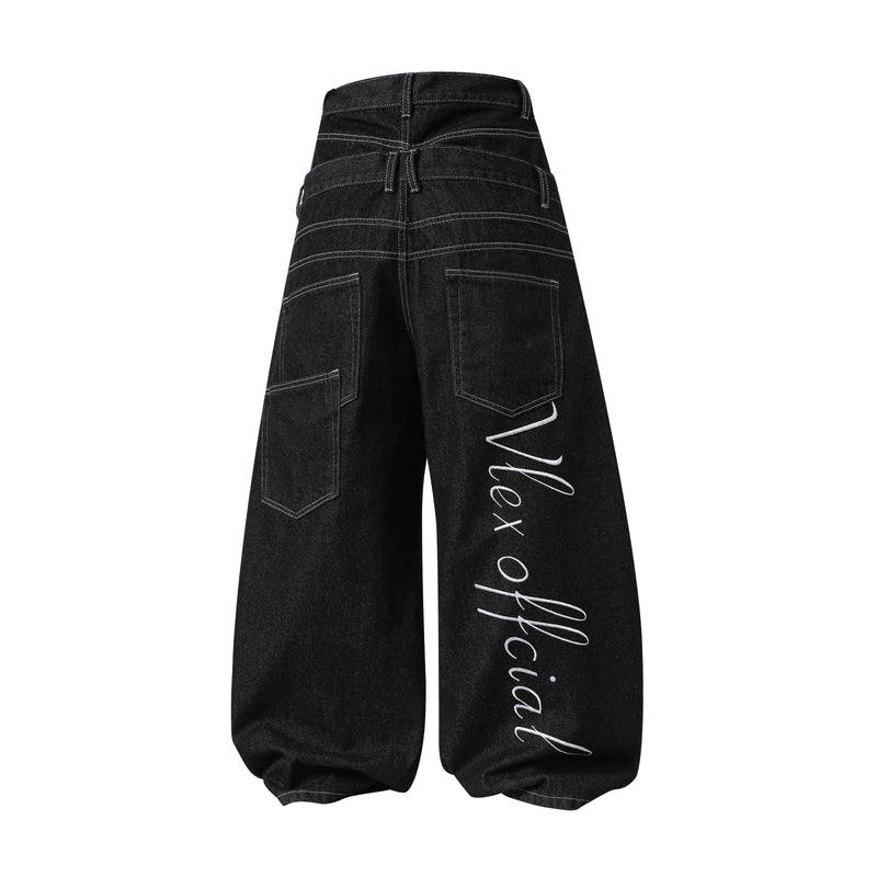 Back view of black wide-leg denim pants with double waist and back pockets