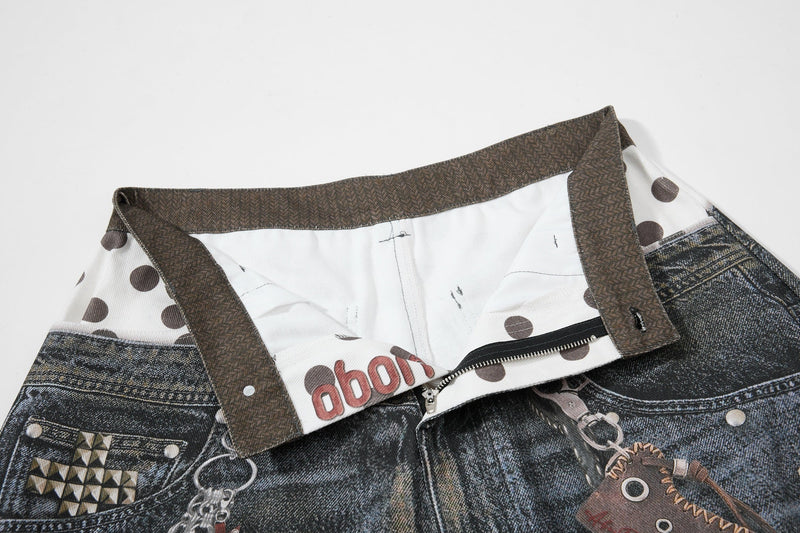 Back waistband view with polka-dot lining, inner zipper, and printed denim pockets