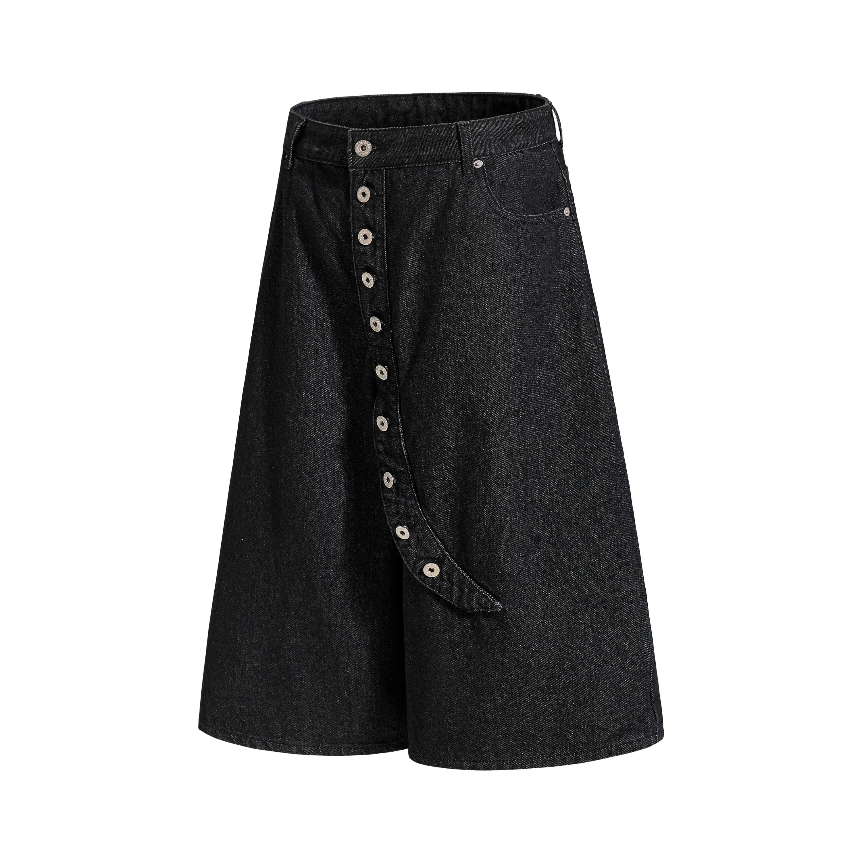 Asymmetric Button Denim Shorts | Wide-Leg Black Streetwear