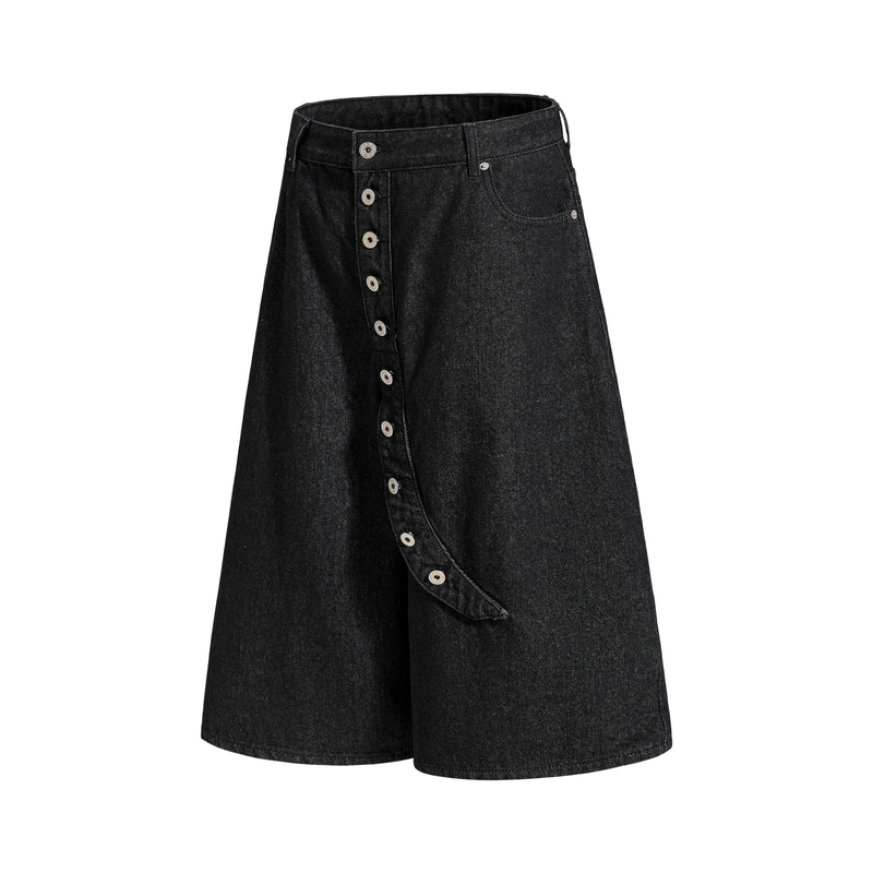 Angled front view of black wide-leg denim shorts with button-front detail