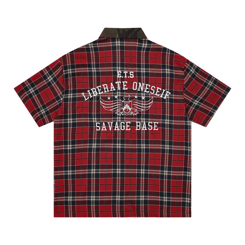 Red plaid short-sleeve shirt with camouflage collar and bold back graphic lettering in streetwear style