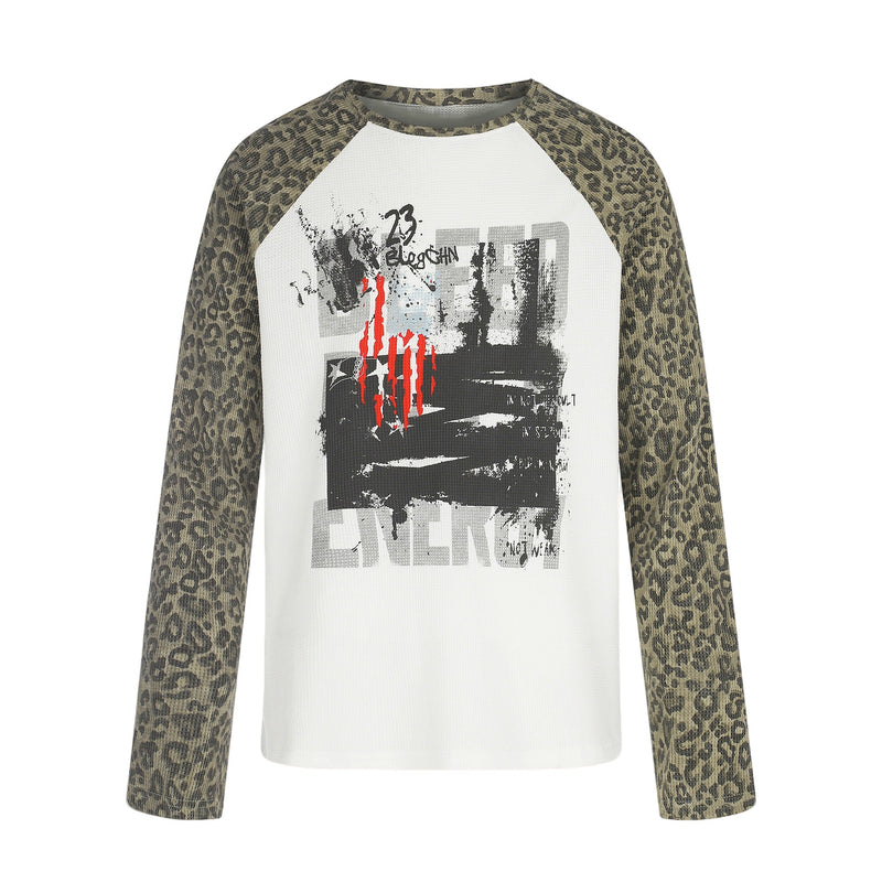 Front view of white waffle knit long sleeve shirt with leopard raglan sleeves and graphic print
