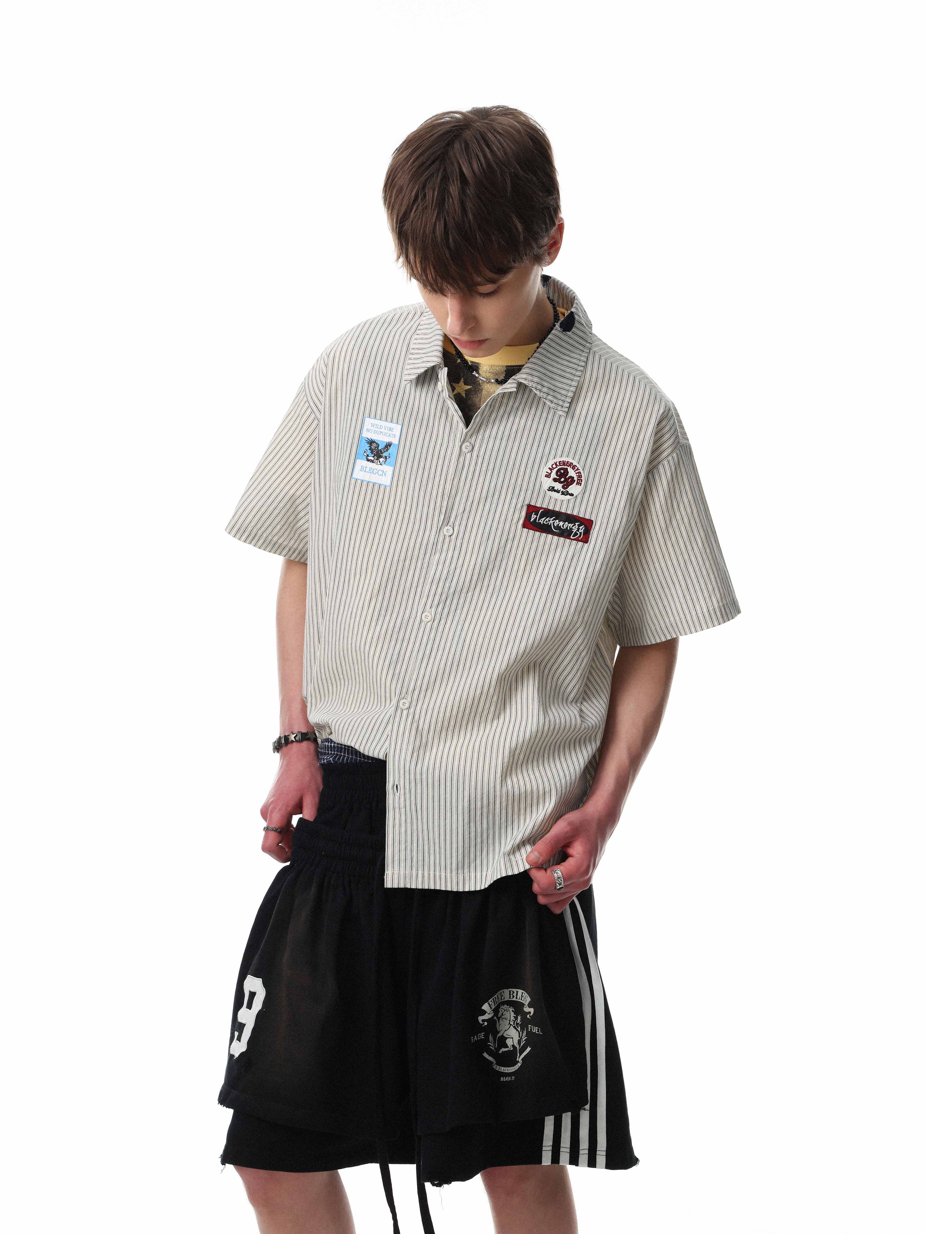 Omirad Pinstripe Patch Graphic Shirt | Streetwear Button-Up