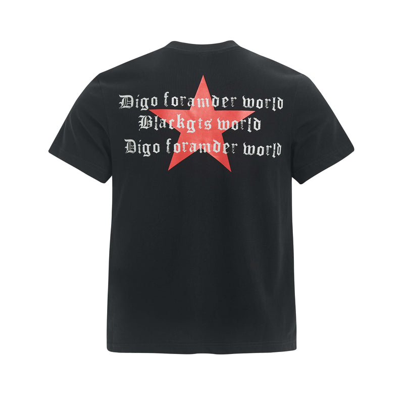 Black streetwear tee with red star emblem and distressed gothic text on the back