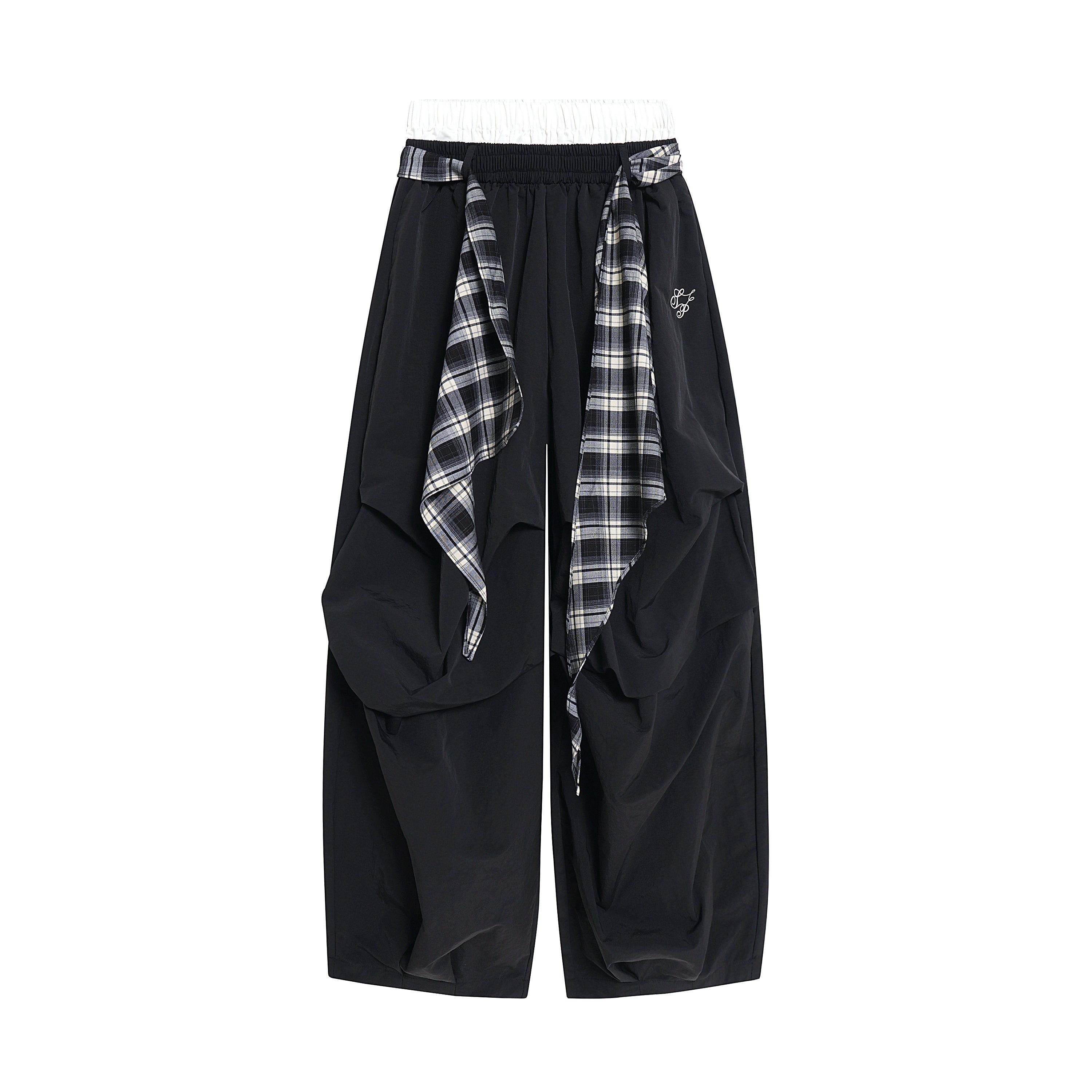 Omirad Layered Draped Nylon Wide-Leg Pants with Plaid Insert