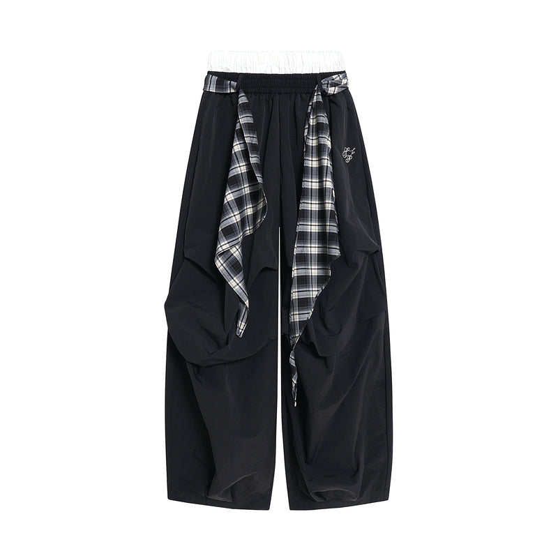 Omirad Layered Draped Nylon Wide-Leg Pants with Plaid Insert