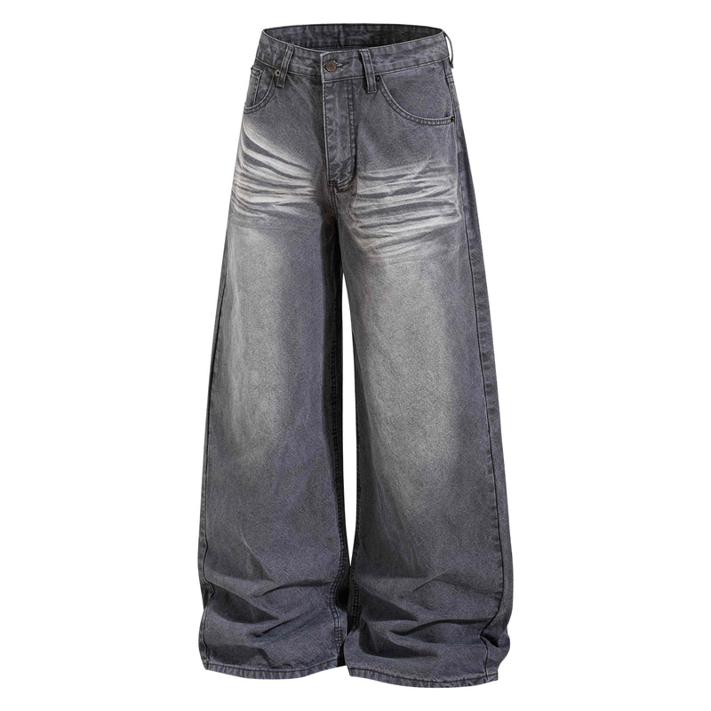Charcoal wide-leg faded denim pants, front view with light whiskering