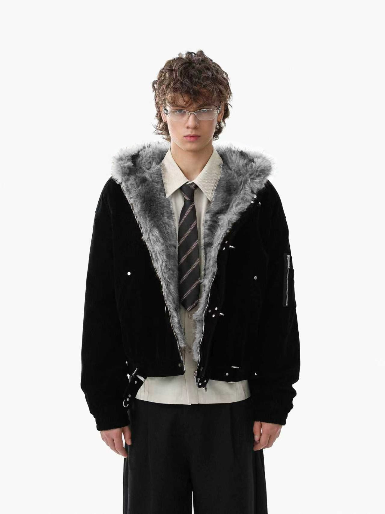 Omirad Faux Suede Fur-Lined Hooded Bomber Jacket