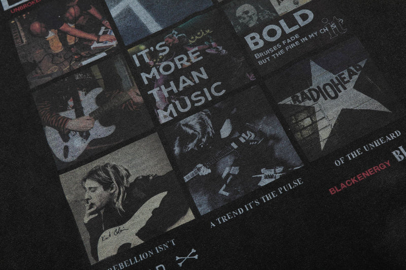 Vintage washed black graphic T-shirt with collage-style rock band prints and bold music slogans on the front