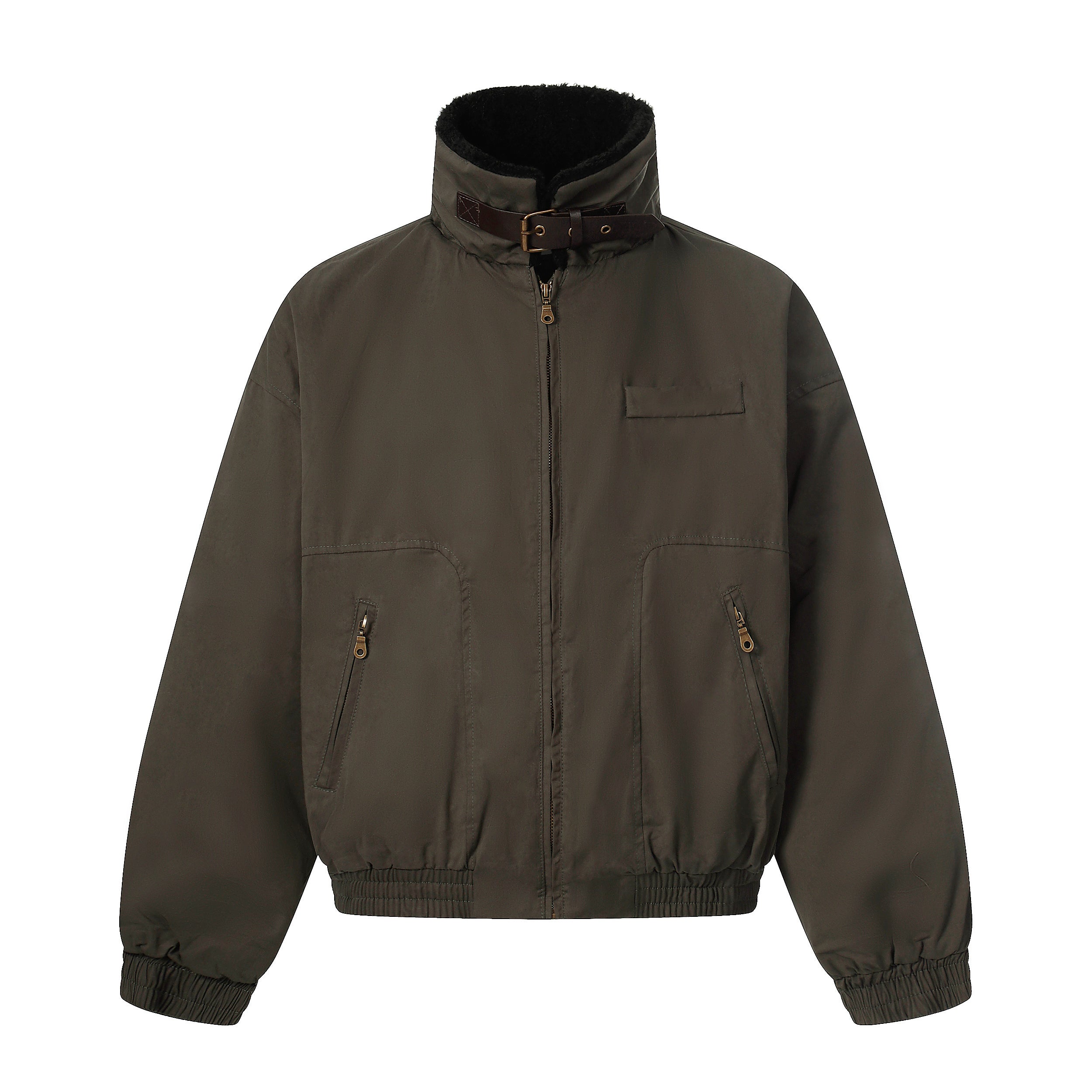 Cotton Stand-Collar Bomber Jacket | Army Green & Brown