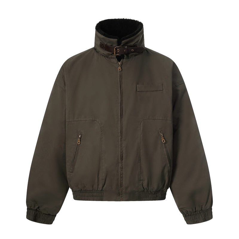 Cotton Stand-Collar Bomber Jacket | Army Green & Brown