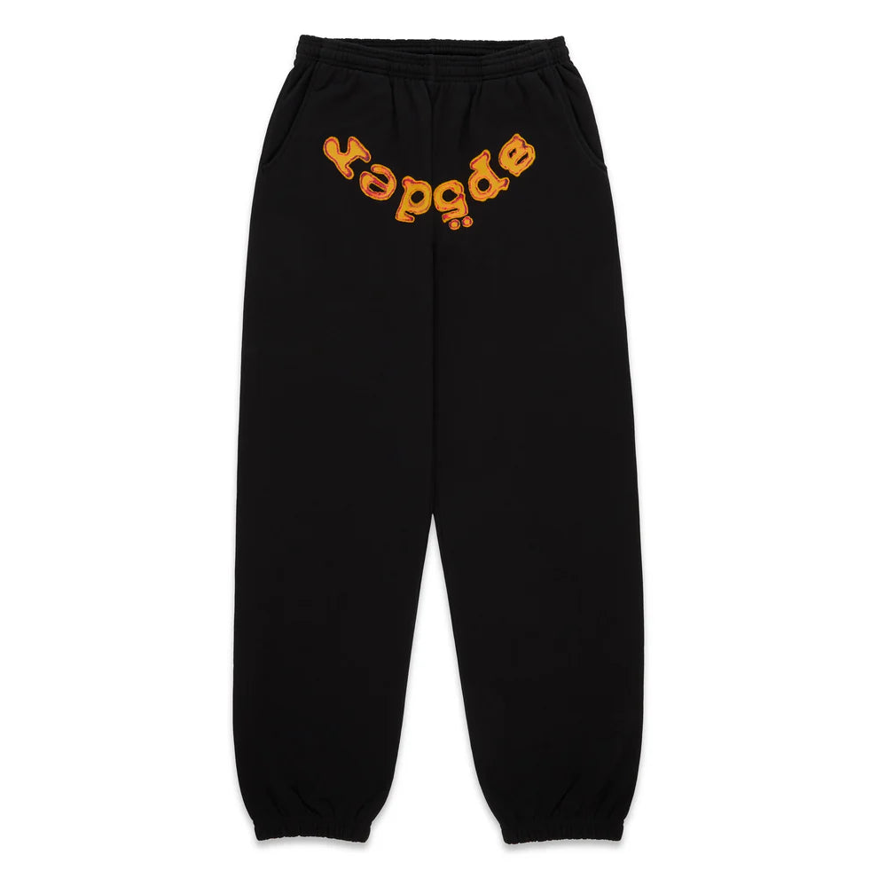 Sp5der Sweatpants – Unisex Black Cotton Sweatpants with Flame Front Logo Print
