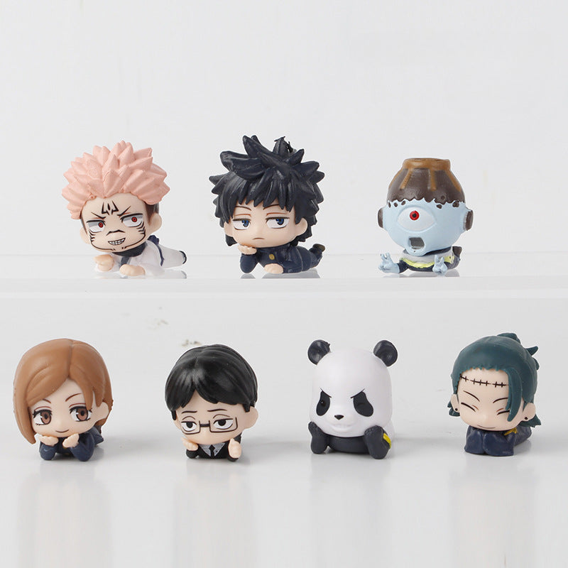 Displayed in two rows, the Jujutsu Kaisen Chibi PVC 12-Piece Figure Set showcases diverse hairstyles and expressions, including a panda-like figure and one with a metallic helmet, all set against a plain white background.