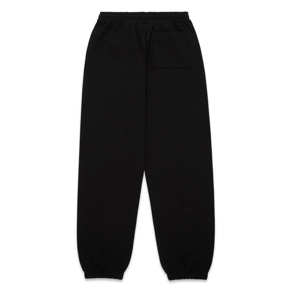 Unisex Sp5der Sweatpants in black cotton feature an elastic waistband, ankle cuffs, and a right-side patch pocket. The flame front logo print adds a modern edge to these casual joggers designed for everyday comfort.