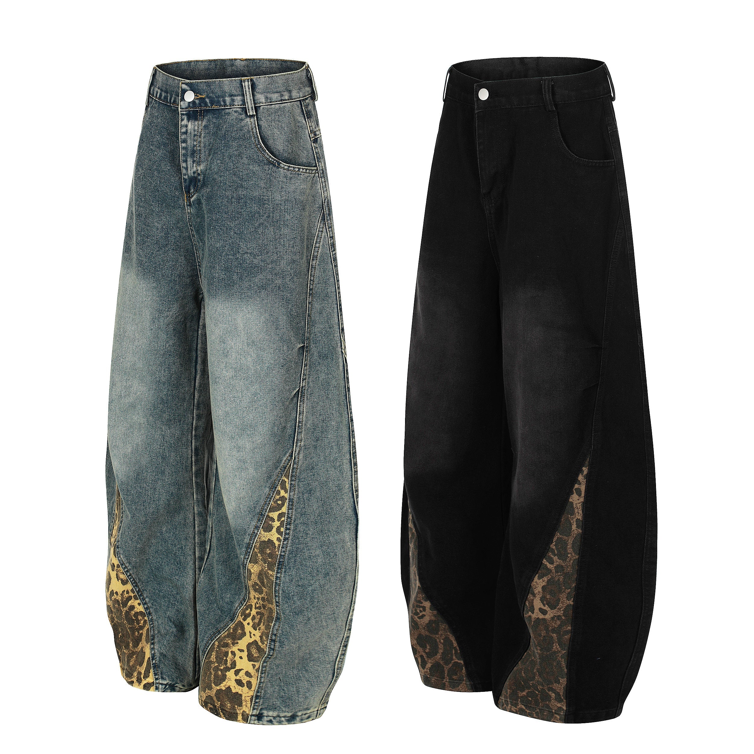 Leopard-Panel Wide-Leg Denim Jeans | Streetwear Baggy Fit