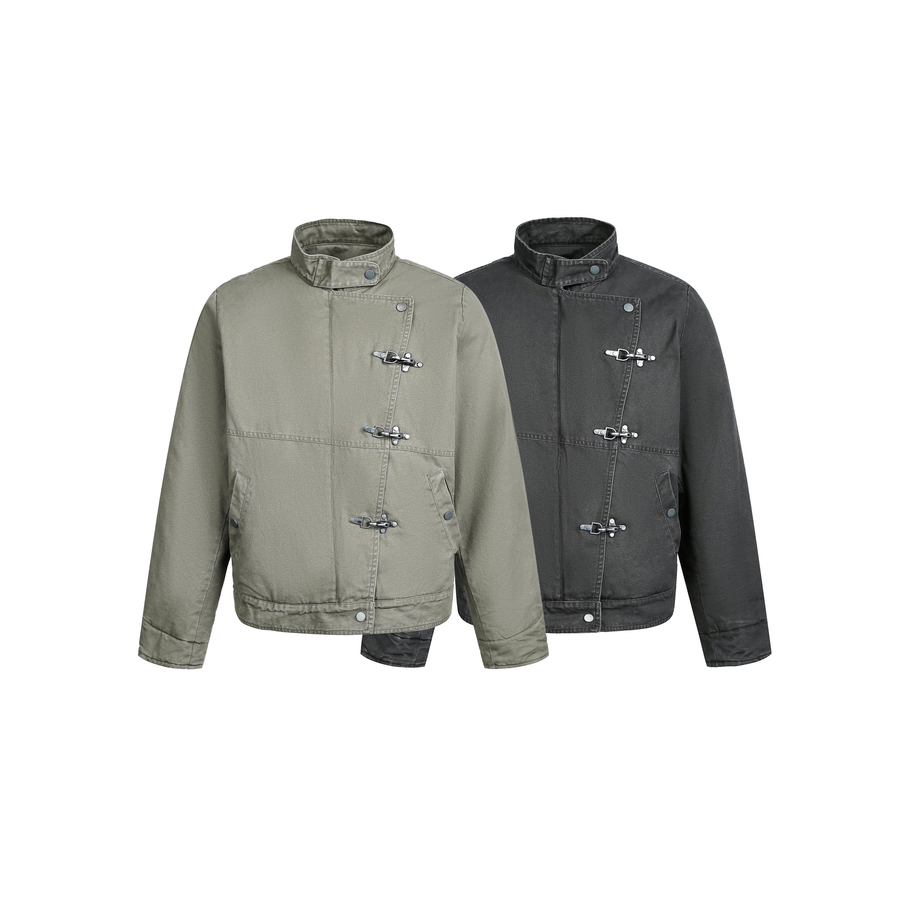 Omirad metal clasp utility jacket in olive green and washed charcoal, shown side by side on a white background
