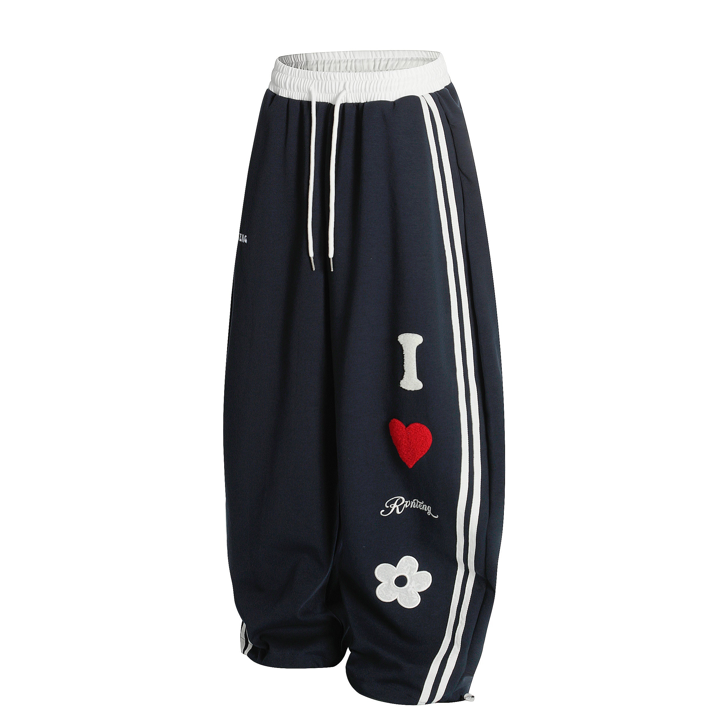 Heart & Daisy Chenille Patch Wide-Leg Track Pants