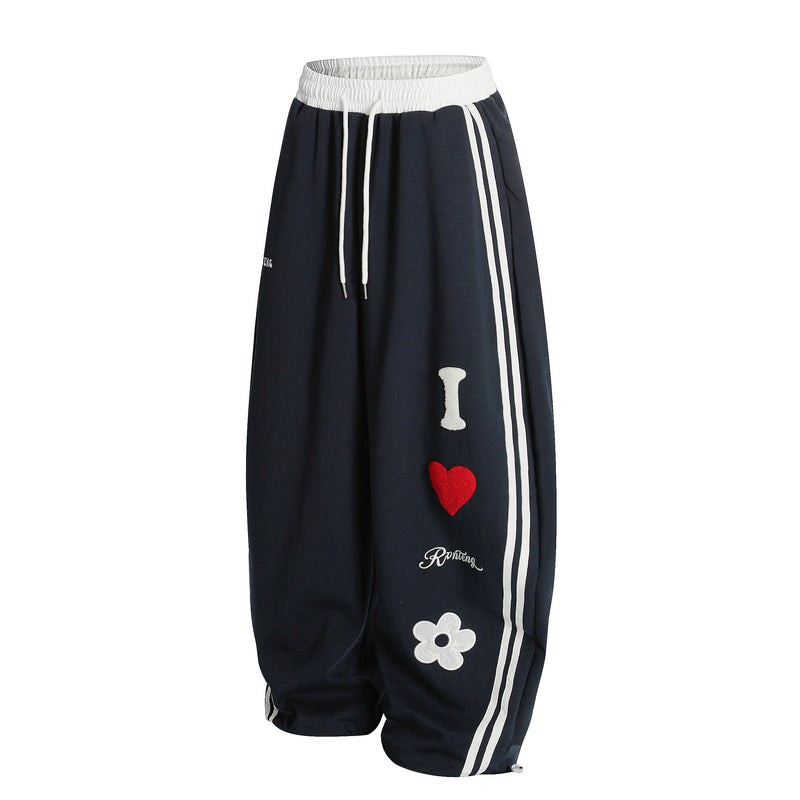 Heart & Daisy Chenille Patch Wide-Leg Track Pants
