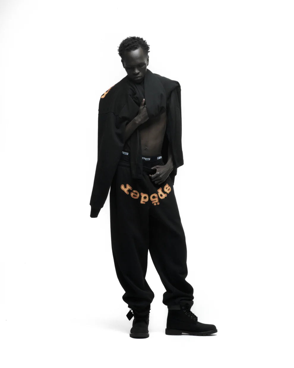 Sp5der Sweatpants – Unisex Black Cotton Sweatpants with Flame Front Logo Print