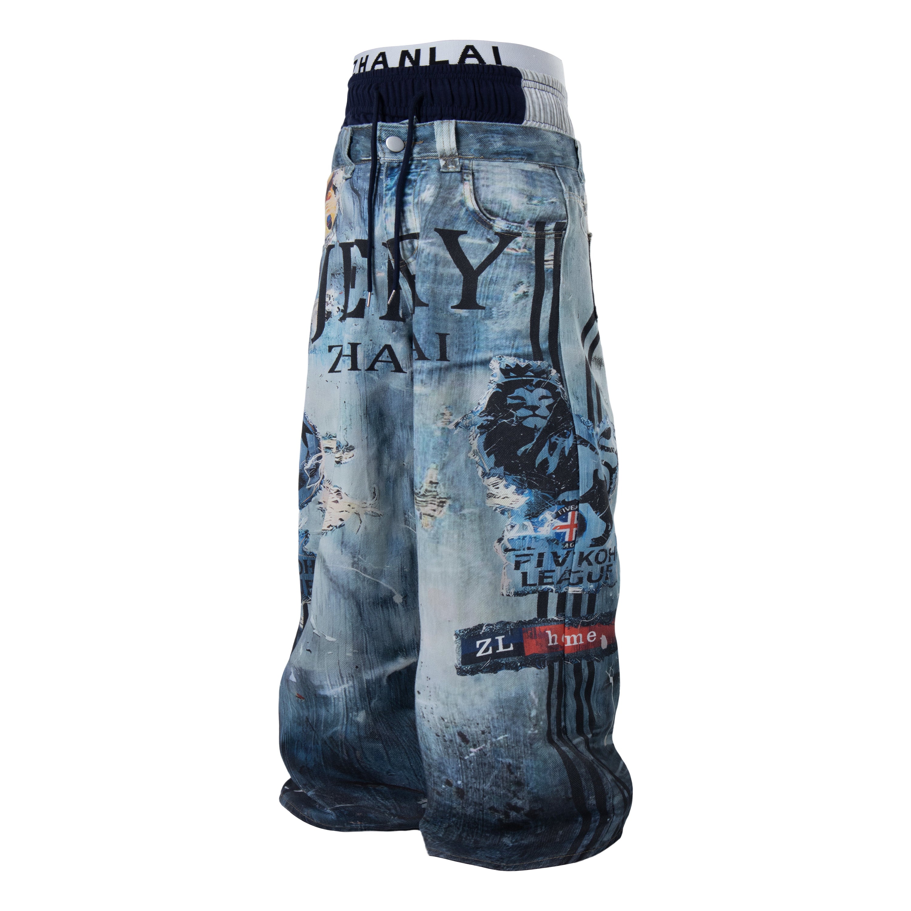 Layered Waist Graphic Denim Pants | Streetwear Baggy Fit