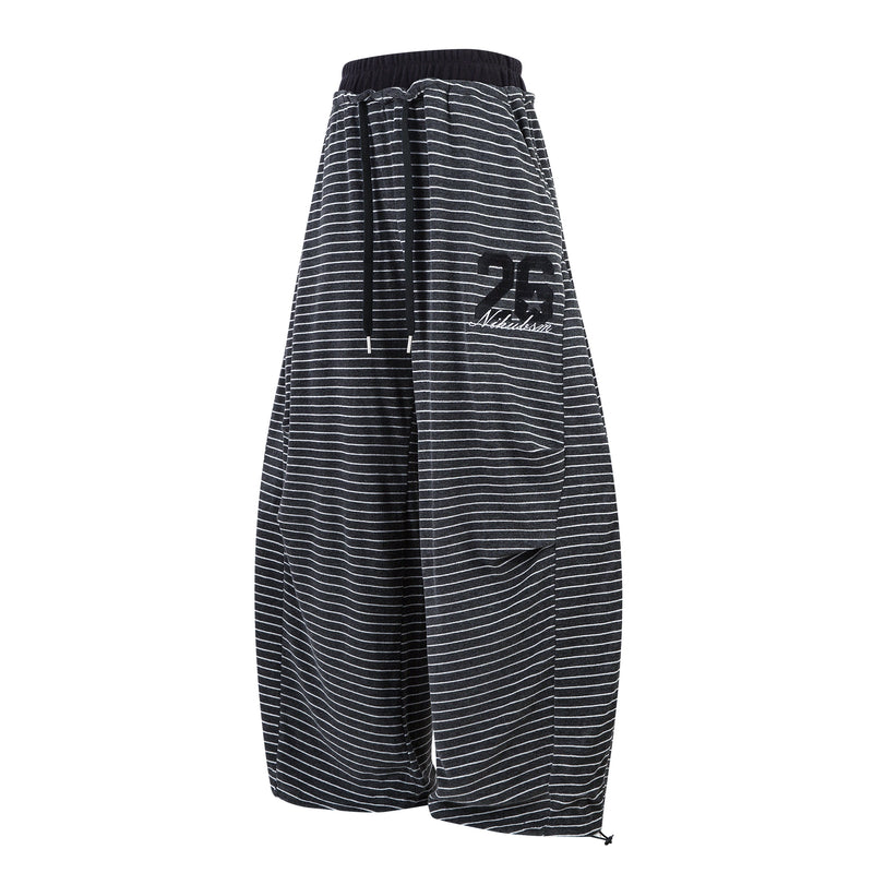 Striped Knit Barrel-Leg Lounge Pants with Drawstring Hem
