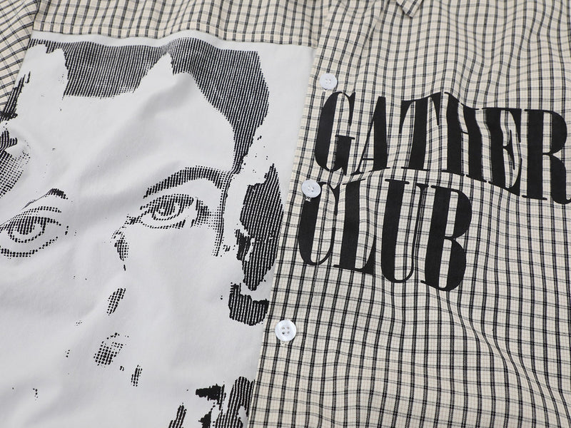 Close-up of a plaid button-up shirt with graphic face print and bold Gather Club lettering on the chest