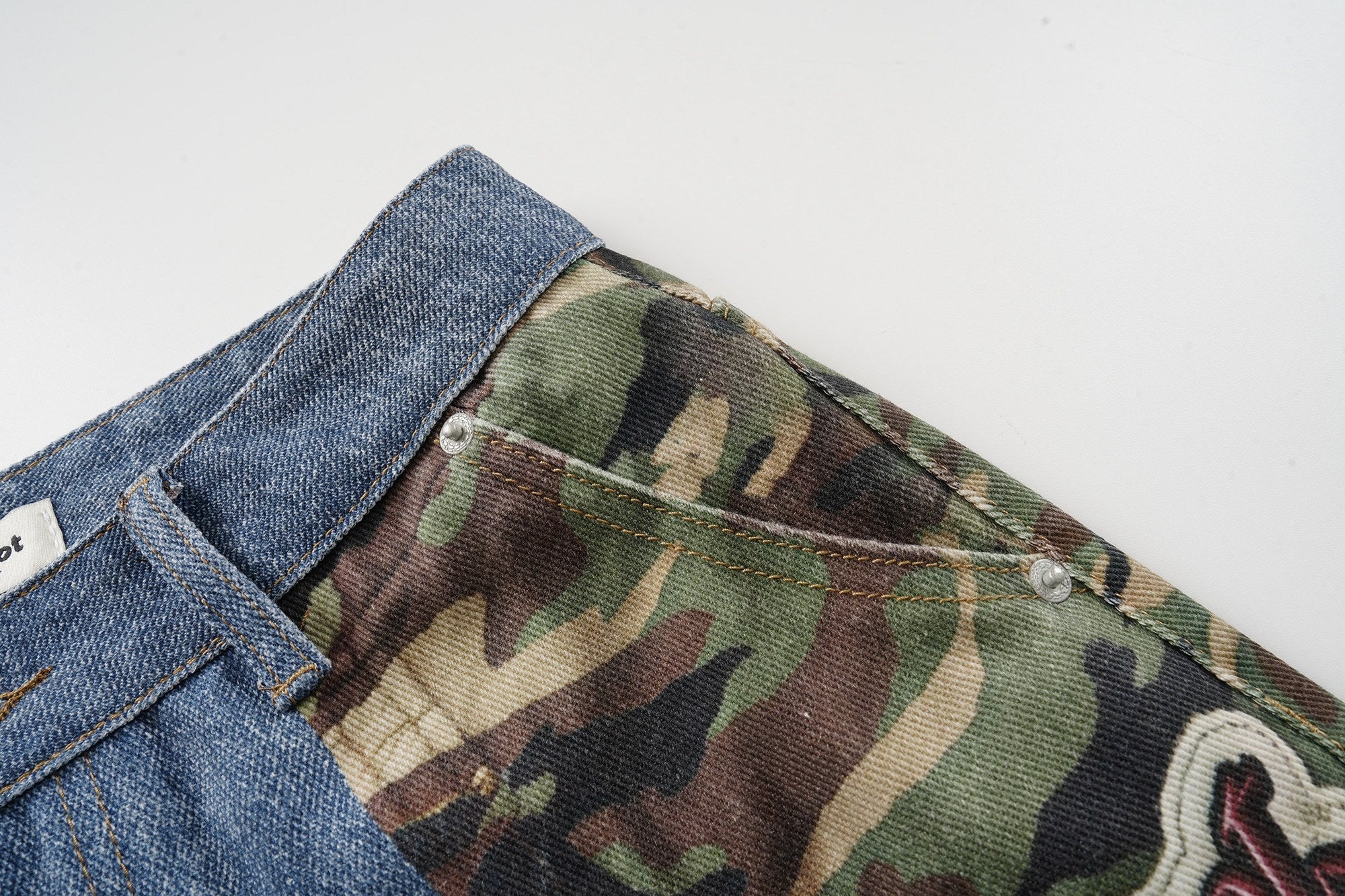 Camo Patch Denim Jorts | Y2K Varsity Streetwear Shorts