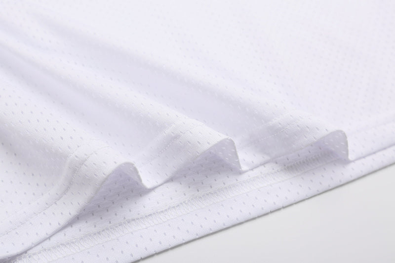 White perforated mesh varsity football jersey fabric with stitched hem and lightweight streetwear texture