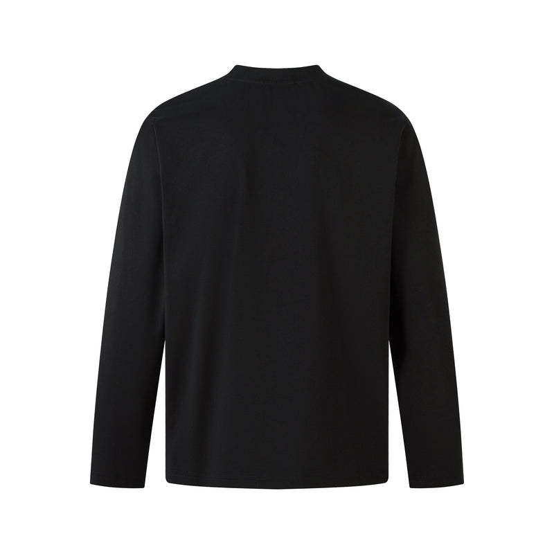 Back view of a black long sleeve tee with a plain crew neckline and smooth finish