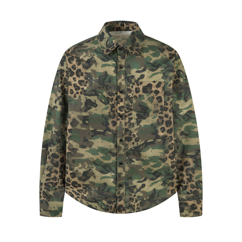 Front view of camo leopard utility shirt with button closure and chest pocket