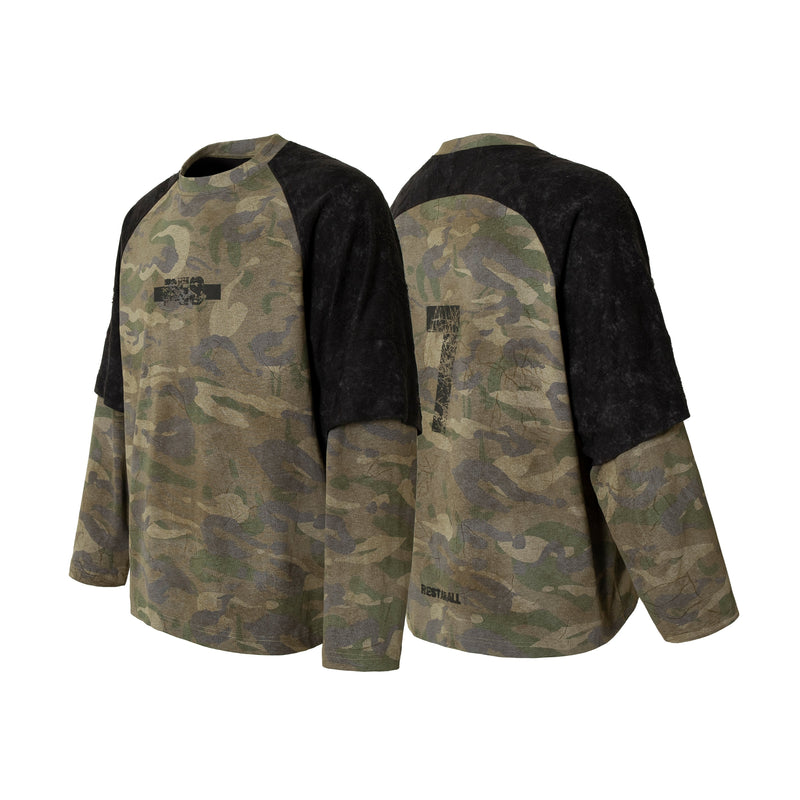 Angled front and back view of camo oversized long sleeve tee with black sleeves and printed graphics