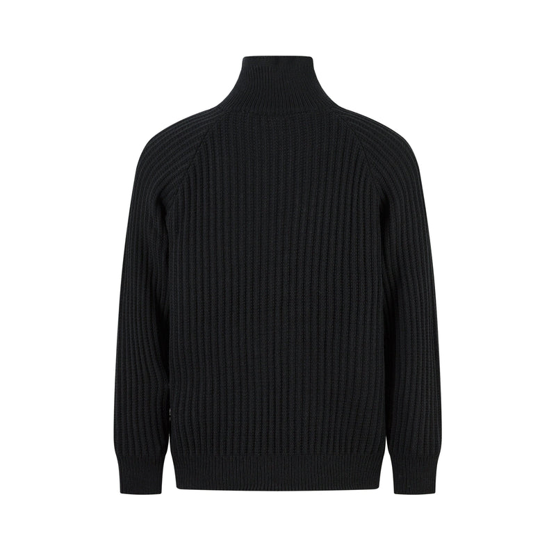 Back view of black ribbed knit sweater with high collar and long sleeves