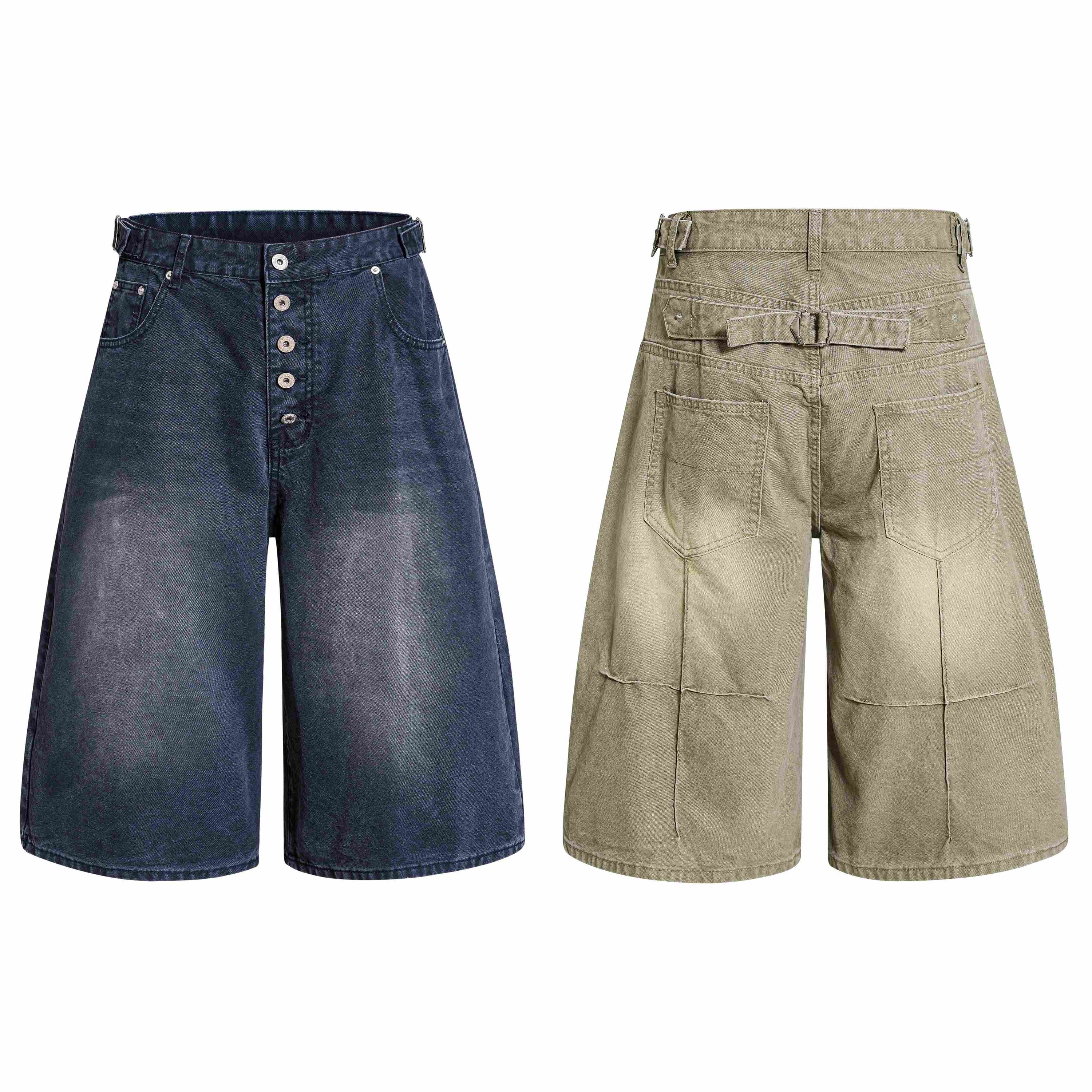 Front and back view of Omirad vintage wide-leg denim shorts in washed indigo blue and faded khaki olive