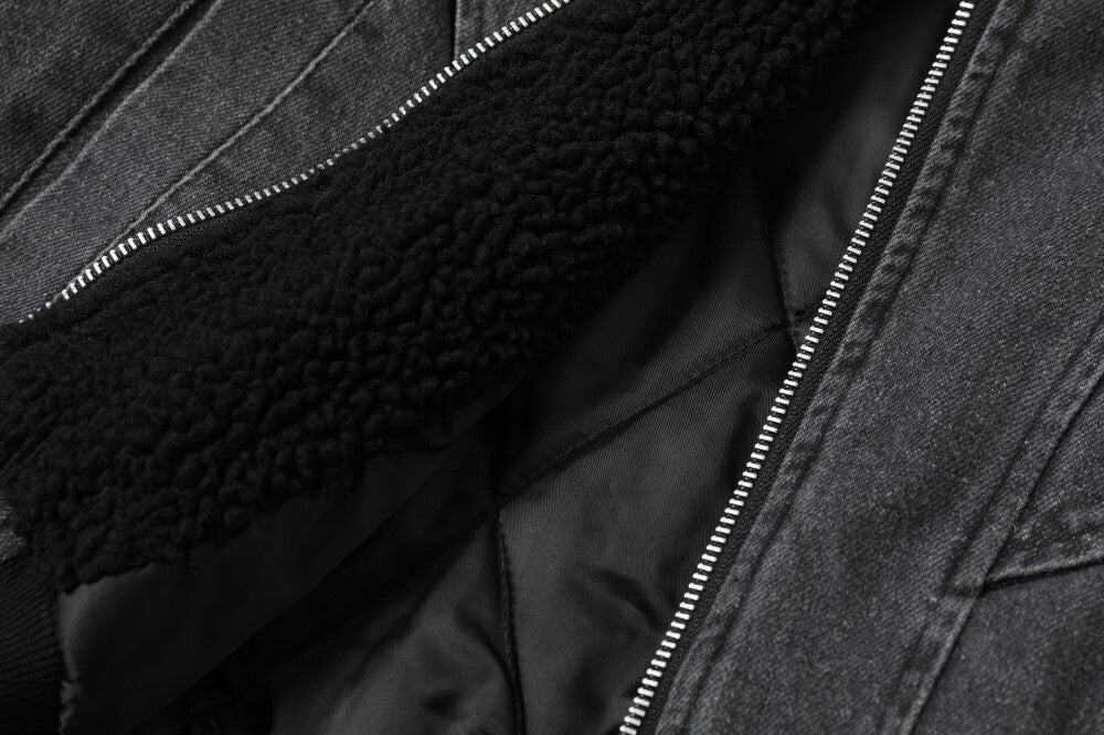 Quilted Denim Sherpa Collar Bomber Jacket | Streetwear