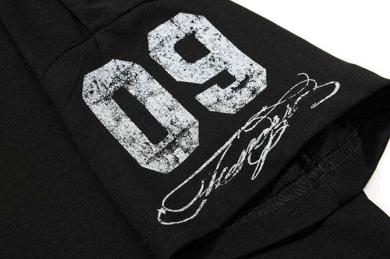 Black streetwear polo tee with distressed white 92 graphic and signature print on cotton fabric